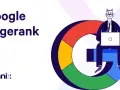 Kreskówkowa postać siedzi na literze "G" Google, pracując na laptopie. Tekst "Google Pagerank" i logo Loganix.