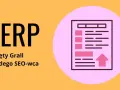 SERP, czyli wyniki wyszukiwania, to święty Graal każdego SEO-wca. Grafika przedstawia ikonę listy wyników z ikoną strzałki w górę.