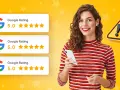 Kobieta z telefonem cieszy się z pozytywnej opinii Google. Trzy karty pokazują ocenę 5.0 gwiazdek.