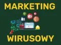 Grafika ilustruje marketing wirusowy: wirusy rozprzestrzeniają się z megafonu na laptopa, koszyk i ikony mediów społecznościowych.