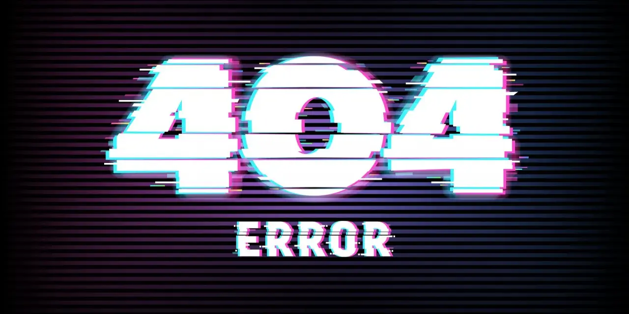 Strona 404 z efektem glitch. Widnieje napis "ERROR" i "PAGE NOT FOUND" na tle poziomych linii.