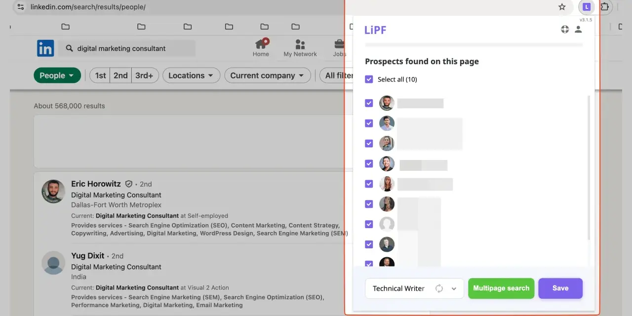 Narzędzie LiPF pokazuje potencjalnych klientów z LinkedIn, ułatwiając social selling. Wyniki wyszukiwania "digital marketing consultant" są gotowe do analizy.