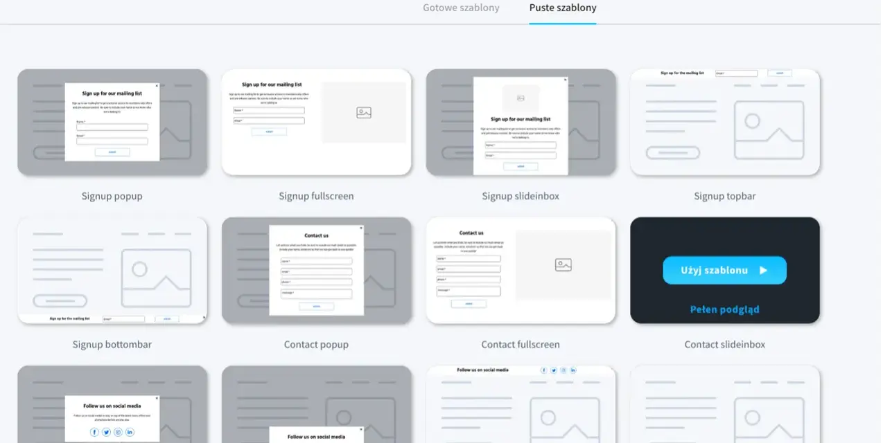 Szablony do wyboru: signup popup, fullscreen, slideinbox, topbar, bottombar, contact popup, fullscreen, slideinbox, social media popup, slideinbox, topbar, bottombar.