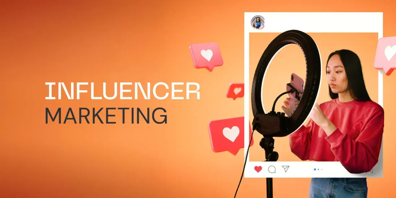 Influencer tworzy treści, budując **earned media**. Wokół niej pojawiają się serduszka, symbolizujące zaangażowanie odbiorców.