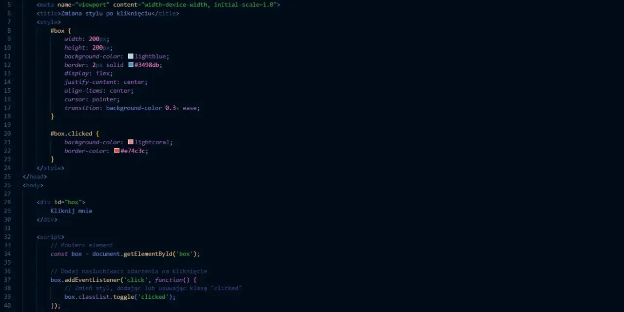 Kod HTML i JavaScript pokazujący, jak zmienić styl elementu po kliknięciu. Dowiedz się, javascript co to jest i jak działa.