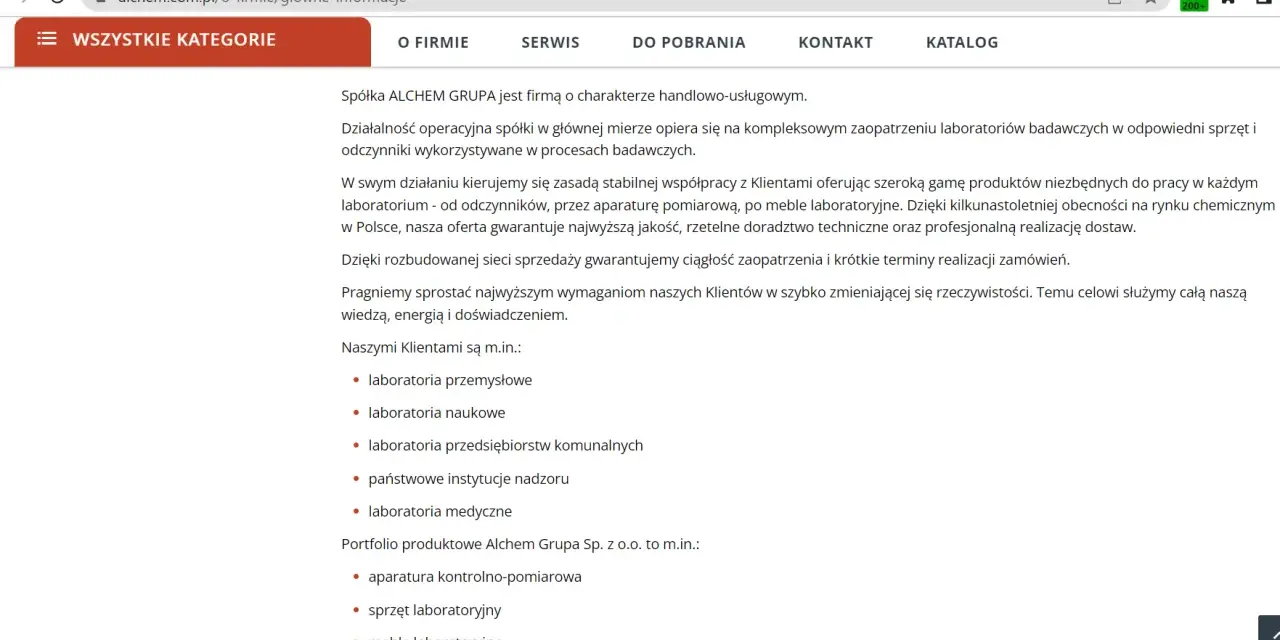 Opis firmy Alchem Grupa: kompleksowe zaopatrzenie laboratoriów w sprzęt, odczynniki i meble. Oferta dla przemysłu, nauki, medycyny.