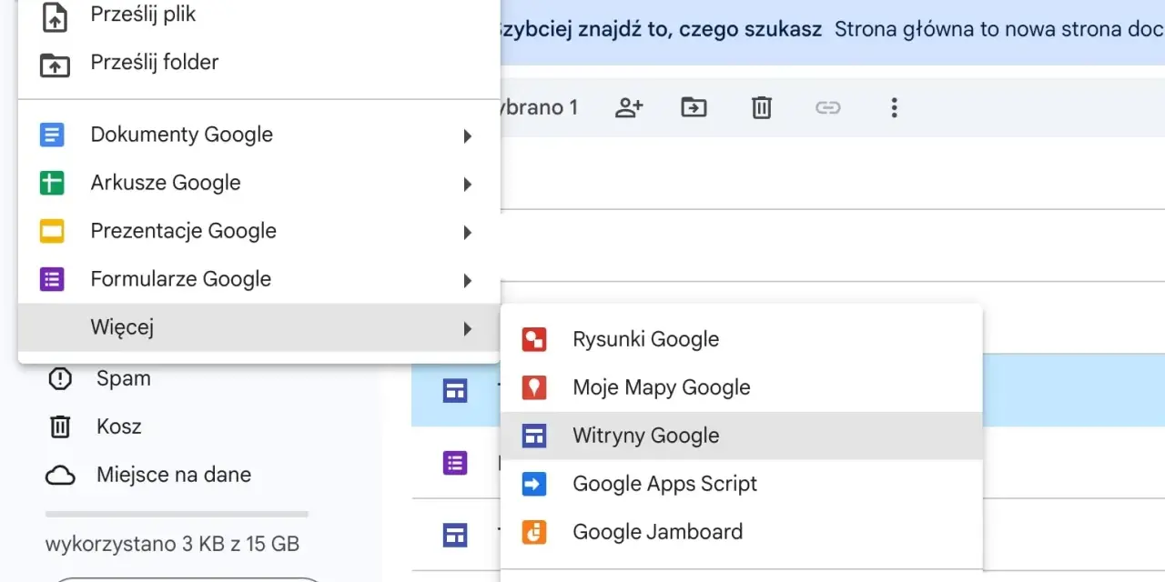 Tworzenie witryny Google jest proste. Kliknij "Więcej", a następnie "Witryny Google", aby rozpocząć.