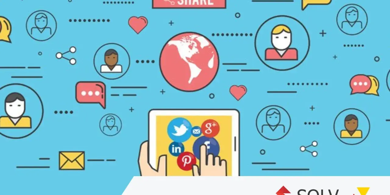 Ilustracja pokazuje, jak prowadzić social media: ikony użytkowników, serca, chmurki dialogowe, globus i tablet z logotypami platform społecznościowych.