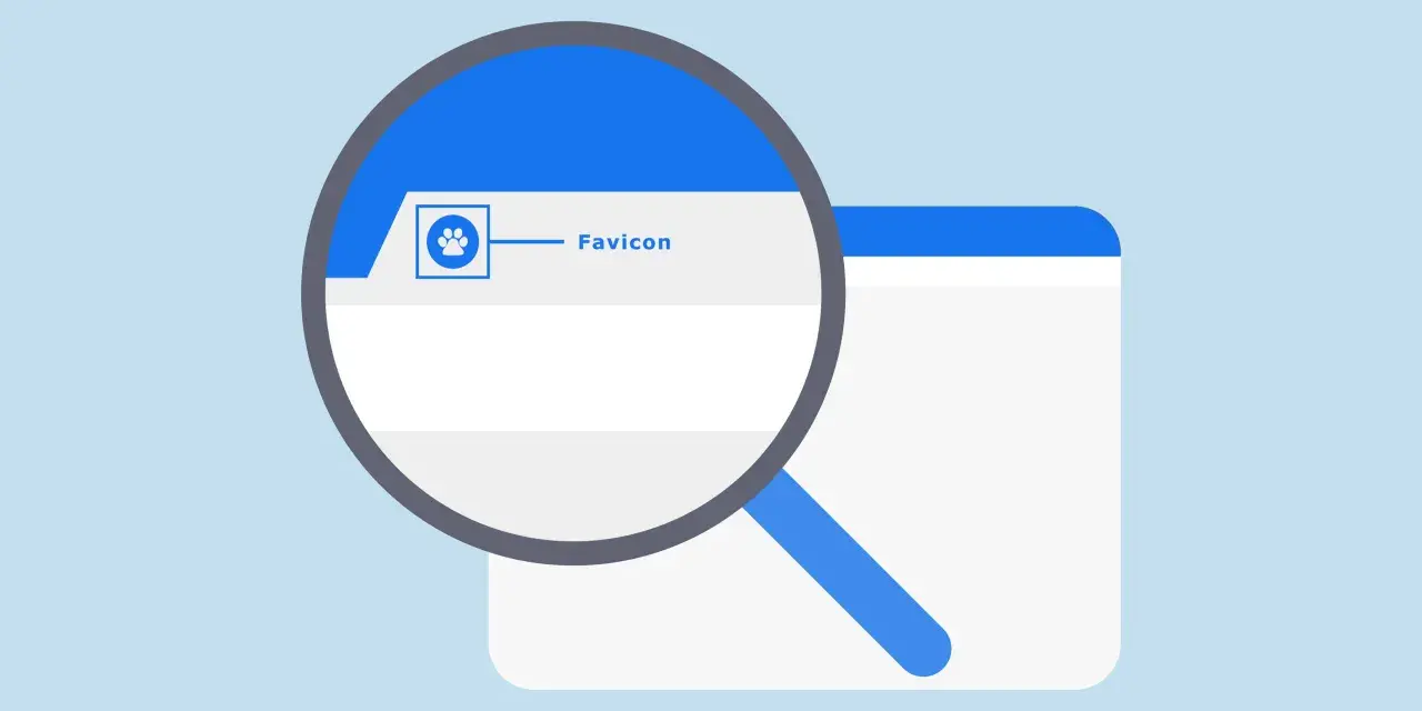 Lupa powiększa ikonkę łapki i napis "Favicon" na karcie przeglądarki.