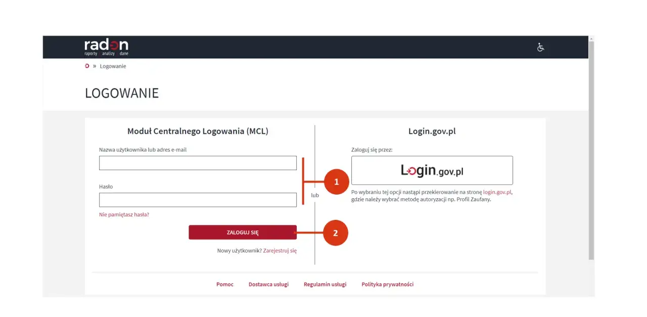 Formularz logowania do systemu. Uwierzytelnienie użytkownika następuje poprzez wpisanie nazwy i hasła lub przez portal login.gov.pl.