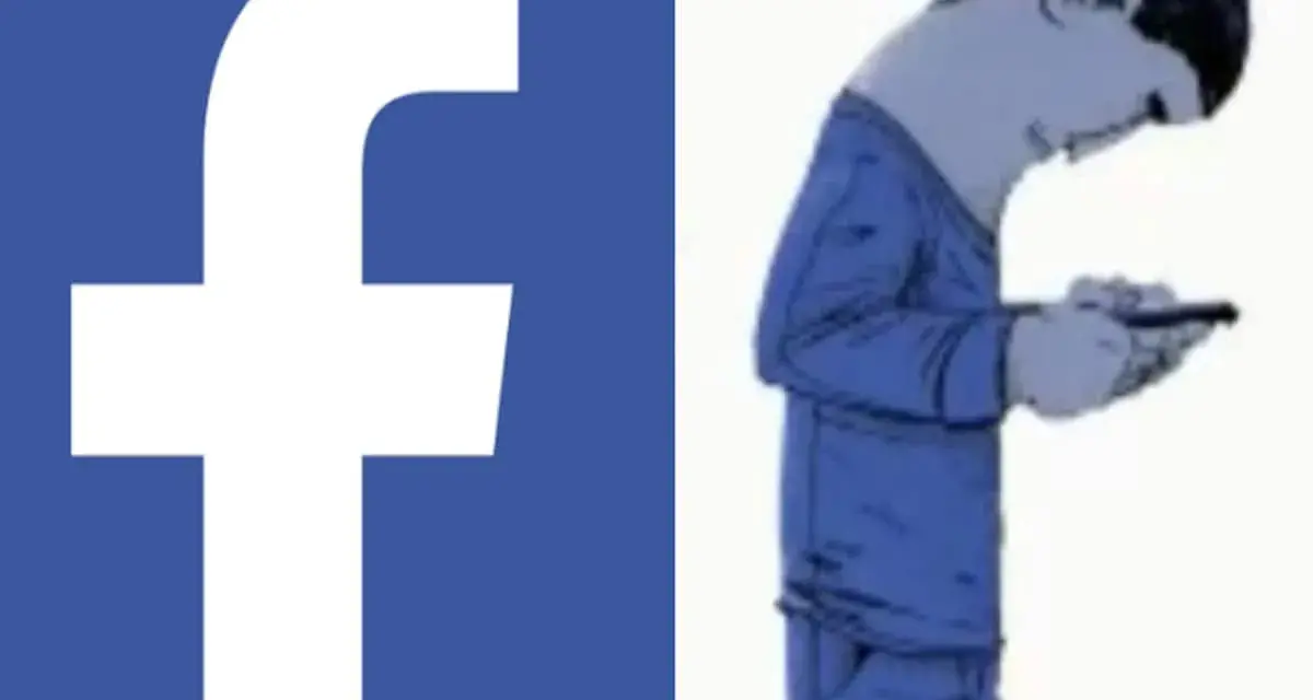 Logo FB obok postaci zgarbionej nad telefonem. Czy to już uzależnienie od Facebooka?
