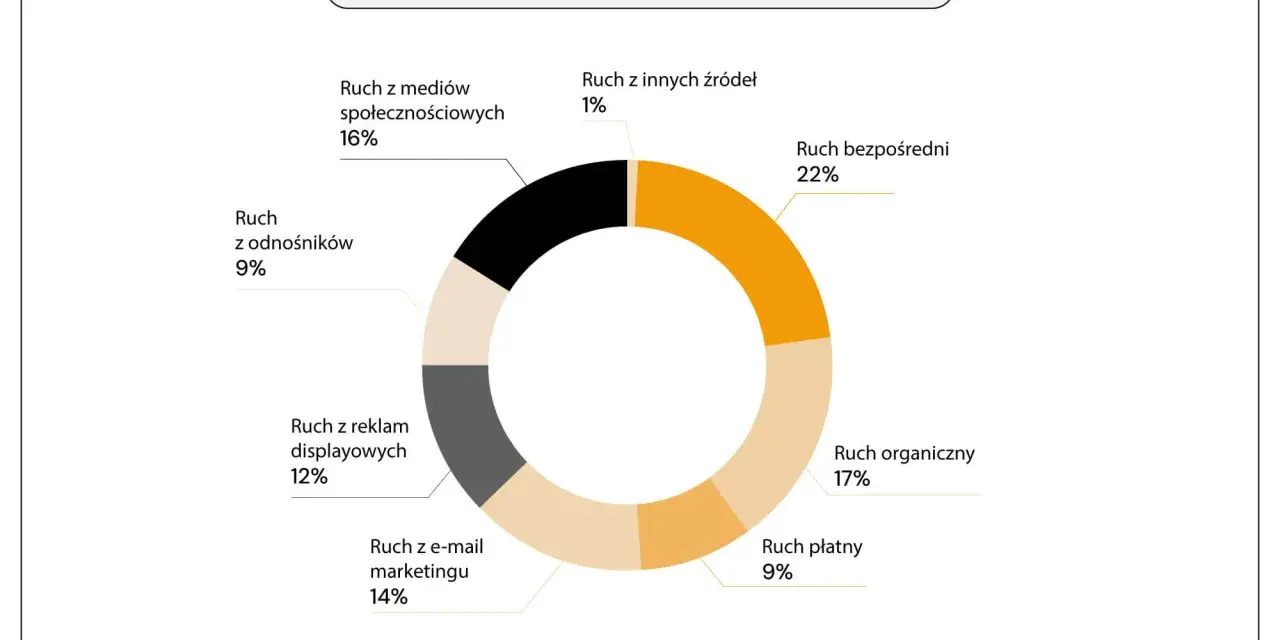 Wykres kołowy pokazuje źródła ruchu webowego. Ruch organiczny stanowi 17%, a ruch bezpośredni 22%.