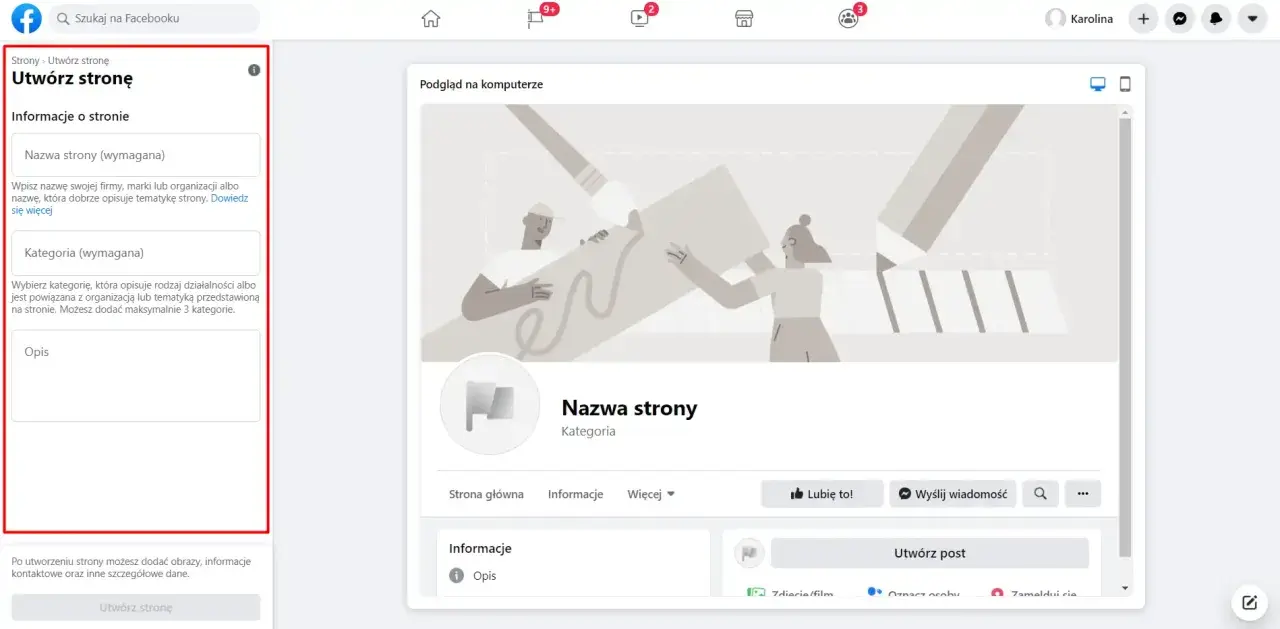 Tworzenie fanpage na Facebooku: uzupełnij nazwę, kategorię i opis, aby Twoja strona była widoczna.