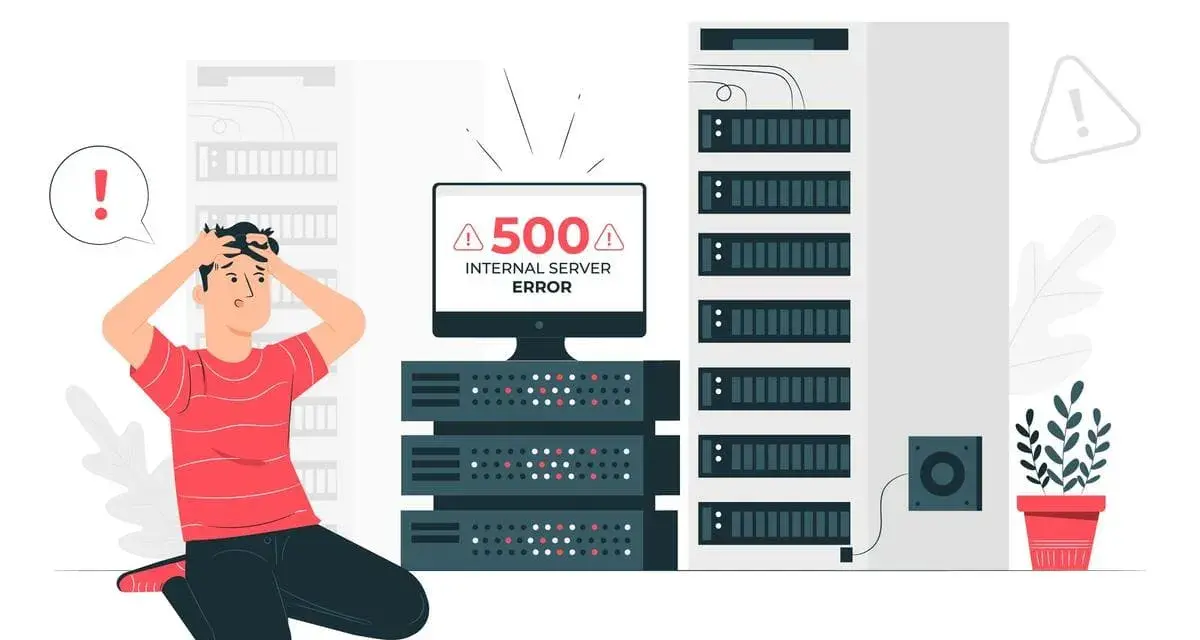 Zdesperowany mężczyzna klęczy przed serwerami, na monitorze błąd 500 Internal Server Error.