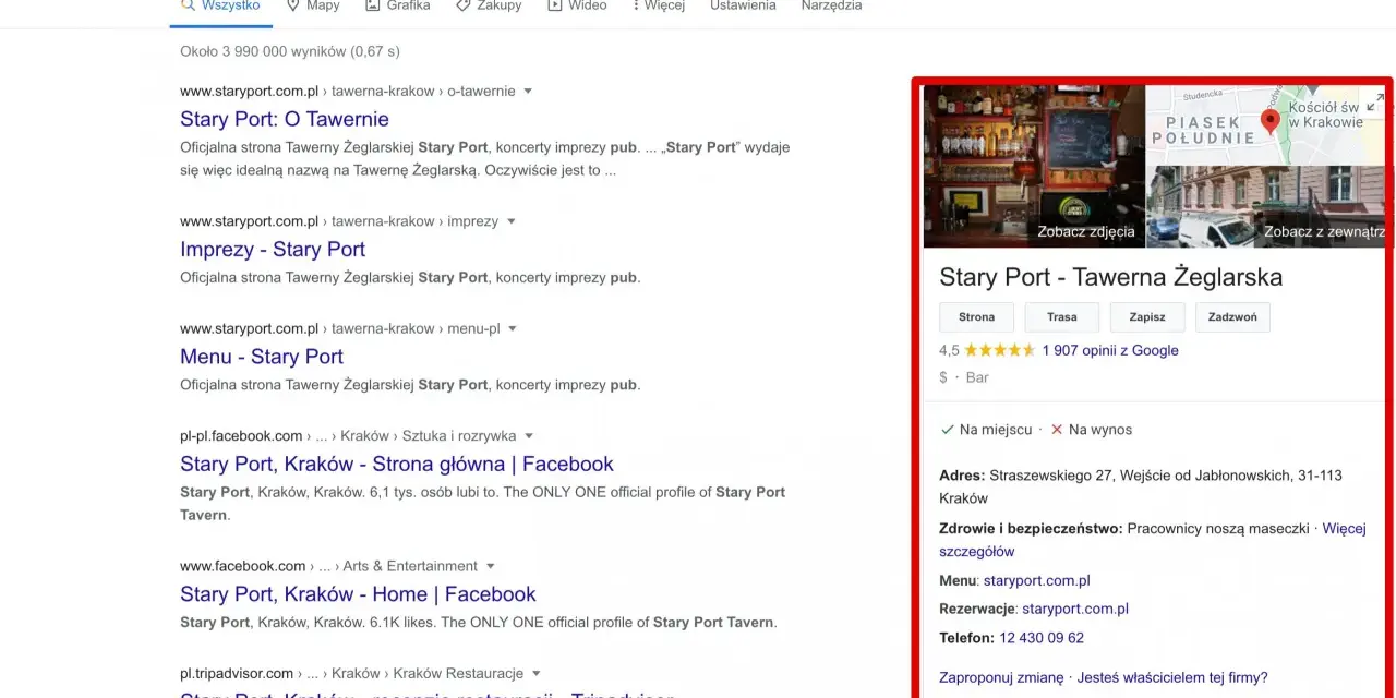 Wyniki wyszukiwania Google dla "pub stary port". Po prawej stronie wizytówka lokalu z adresem, zdjęciami i opiniami. Uważaj na oszustów podszywających się pod lokale.