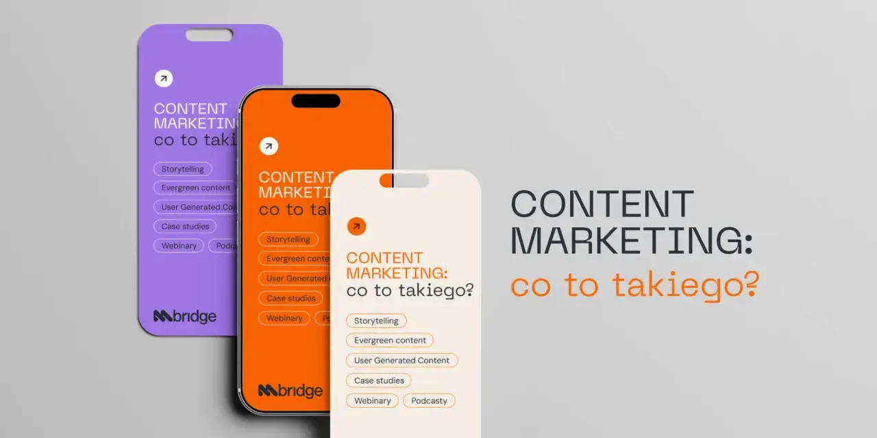Trzy telefony prezentują różne formy content marketingu: storytelling, evergreen content, user generated content, case studies, webinary i podcasty.