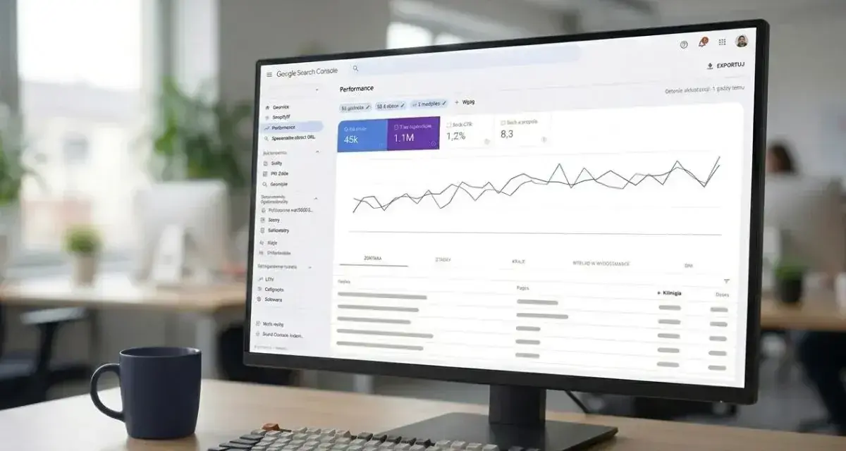 Monitor z panelem Google Search Console, gdzie analizowane są dane dotyczące wydajności strony. Widać wykresy i statystyki, kluczowe dla optymalizacji i linkowania wewnętrznego.