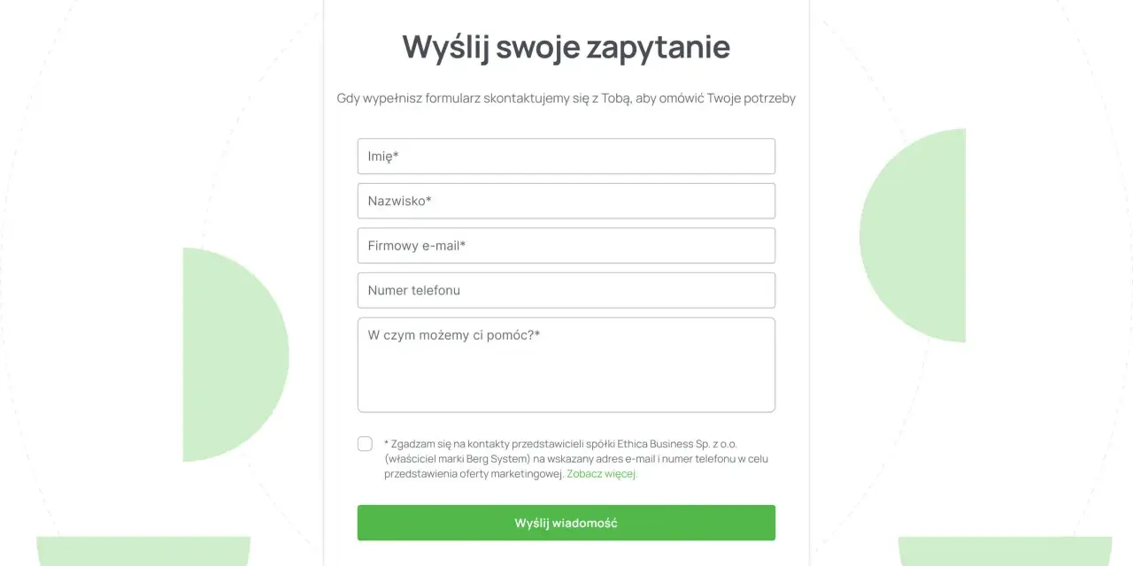Formularz kontaktowy na stronie: imię, nazwisko, e-mail, telefon i pole na wiadomość. Kliknij "Wyślij wiadomość".