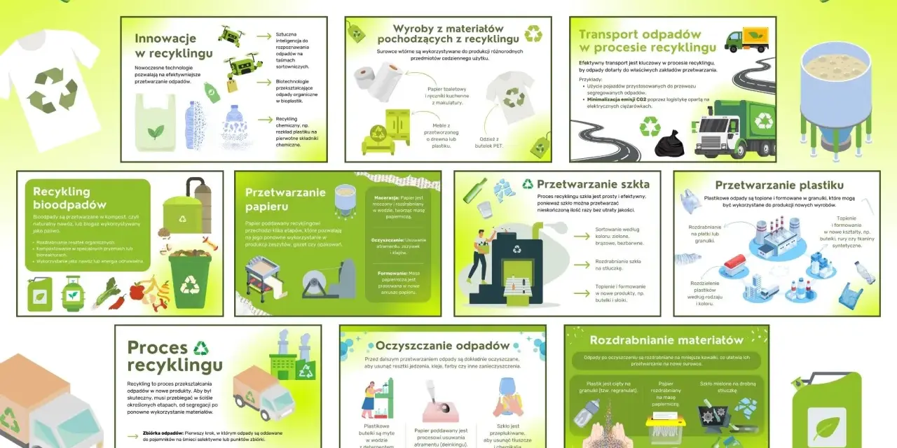 Grafika ilustruje proces recyklingu, pokazując innowacje, transport, przetwarzanie papieru, szkła, plastiku i bioodpadów. Kluczowy jest recykling treści.