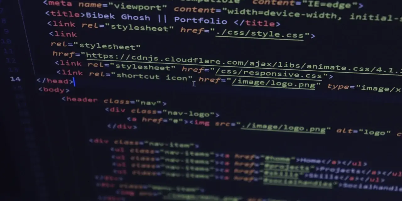 Kod HTML z meta tagami, tytułem strony "Bibek Ghosh || Portfolio" i linkami do plików CSS.