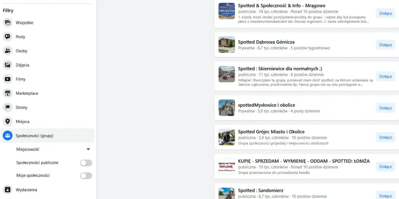 Szukasz jak dodać ogłoszenie na Facebooku w grupie? Wyniki wyszukiwania pokazują grupy typu "Spotted", gdzie można publikować posty.