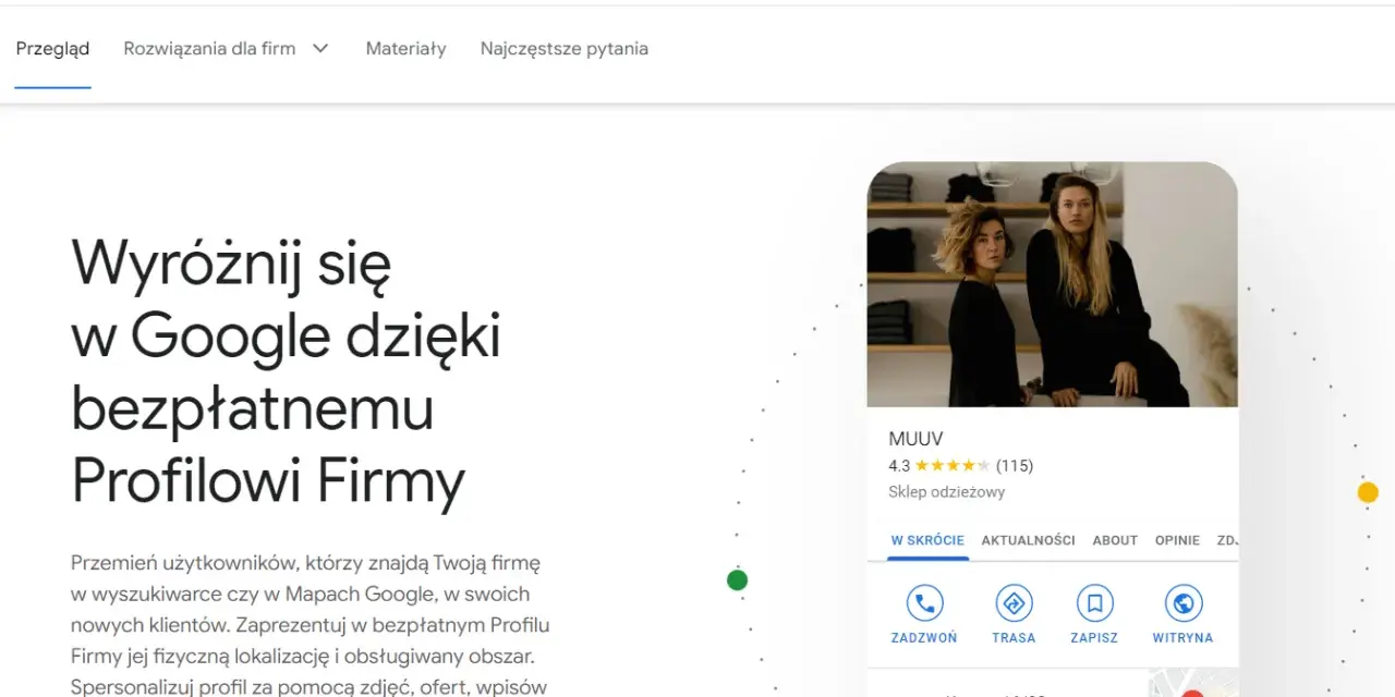 Strona Google Profil Firmy zachęca do wyróżnienia się w sieci. Widoczny przykład profilu sklepu odzieżowego MUUV.