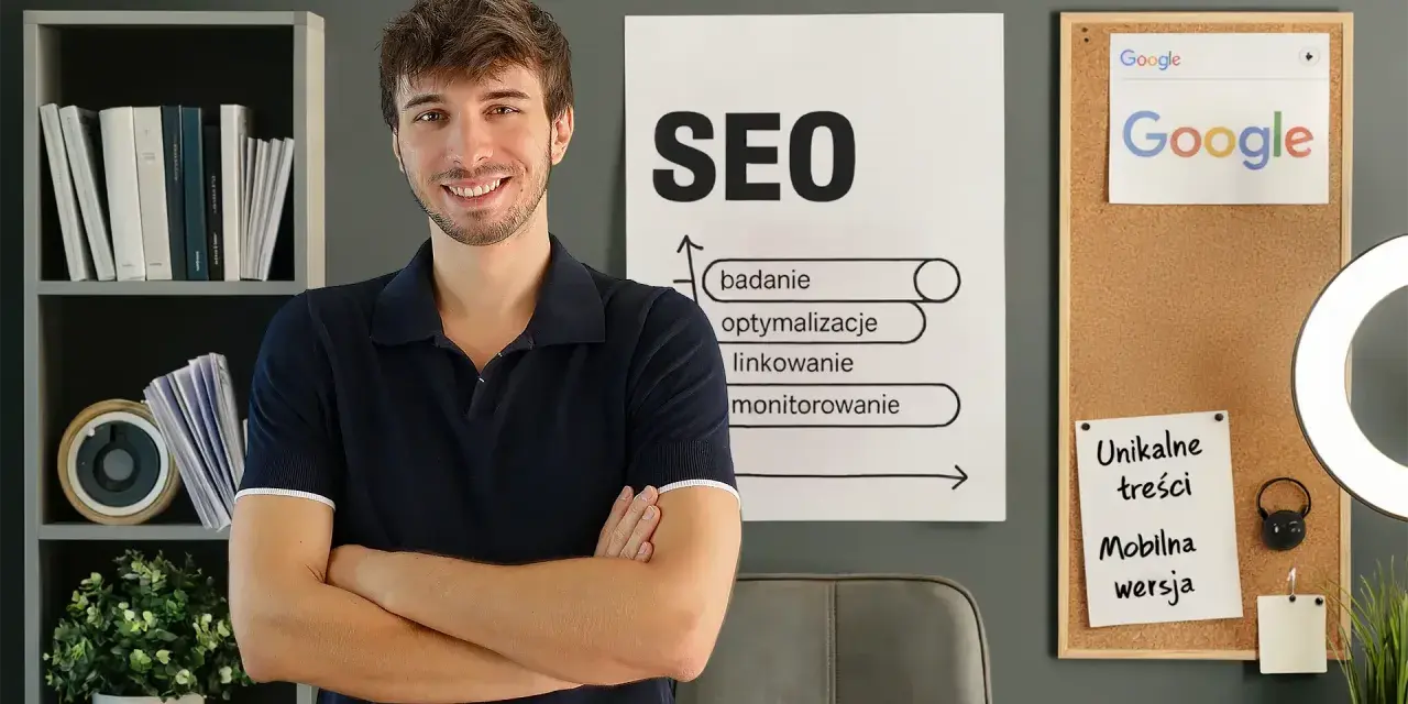 Uśmiechnięty mężczyzna prezentuje podstawy SEO: badanie, optymalizacje, linkowanie, monitorowanie. Na tablicy korkowej logo Google i notatki.