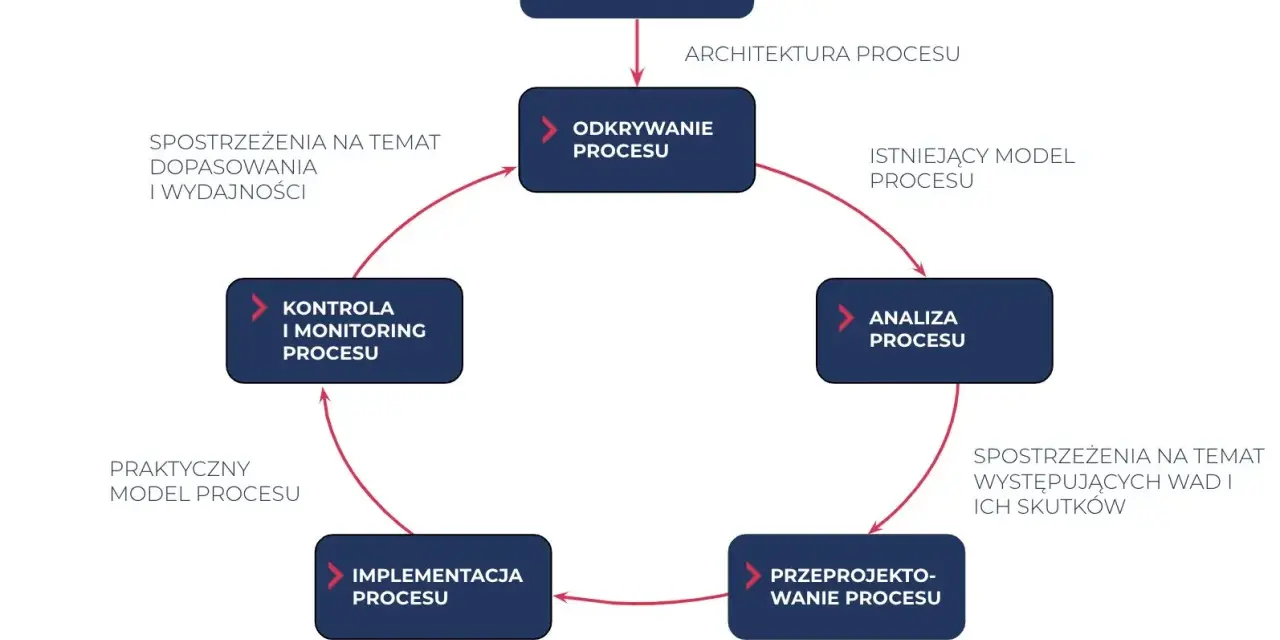 Schemat cyklu życia procesów w firmie: identyfikacja, odkrywanie, analiza, przeprojektowanie, implementacja i kontrola.
