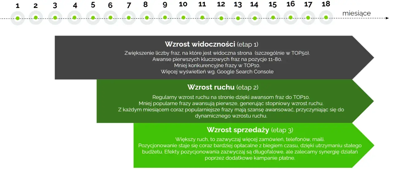 Schemat etapów pozycjonowania organicznego: wzrost widoczności, ruchu i sprzedaży.