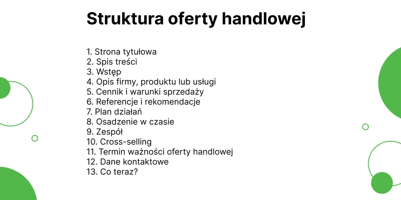 Struktura oferty handlowej: jak napisać ofertę wzór. Lista punktów od strony tytułowej po dane kontaktowe.