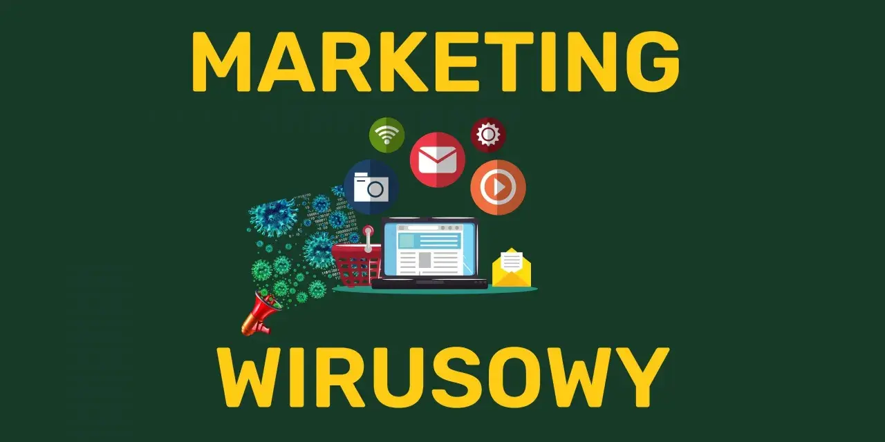 Grafika ilustruje marketing wirusowy: wirusy rozprzestrzeniają się z megafonu na laptopa, koszyk i ikony mediów społecznościowych.
