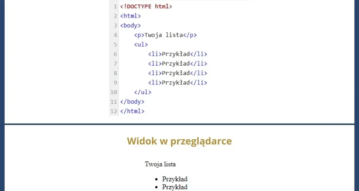 Kod HTML tworzy listę. Widok w przeglądarce pokazuje, co to jest html i jak wygląda lista.