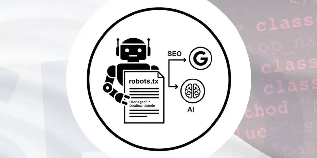 Grafika przedstawia robota trzymającego plik robots.txt, który wpływa na SEO i AI.