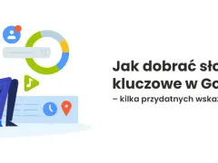 Ilustracja pokazuje kobietę analizującą dane, z ikonami wyszukiwania i wykresami. Tekst: "Jak dobrać słowa kluczowe w Google Ads".