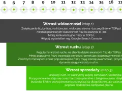 Schemat etapów pozycjonowania organicznego: wzrost widoczności, ruchu i sprzedaży.