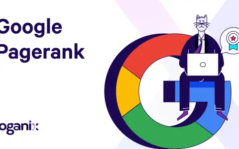 Kreskówkowa postać siedzi na literze "G" Google, pracując na laptopie. Tekst "Google Pagerank" i logo Loganix.