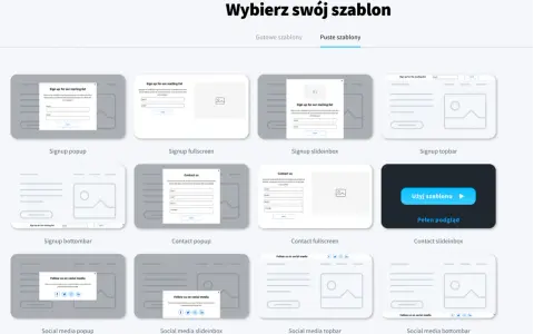 Szablony do wyboru: signup popup, fullscreen, slideinbox, topbar, bottombar, contact popup, fullscreen, slideinbox, social media popup, slideinbox, topbar, bottombar.