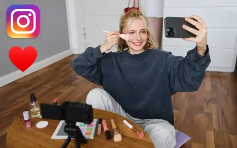 Dziewczyna nagrywa tutorial makijażowy na Insta. Na stole kosmetyki i kamera. #hasztagimakeup #beautyvlogger