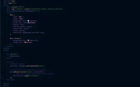 Kod HTML i JavaScript pokazujący, jak zmienić styl elementu po kliknięciu. Dowiedz się, javascript co to jest i jak działa.