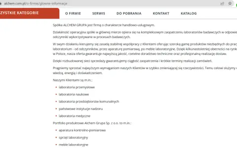 Opis firmy Alchem Grupa: kompleksowe zaopatrzenie laboratoriów w sprzęt, odczynniki i meble. Oferta dla przemysłu, nauki, medycyny.