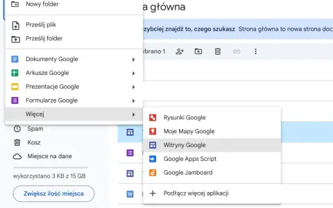 Tworzenie witryny Google jest proste. Kliknij "Więcej", a następnie "Witryny Google", aby rozpocząć.