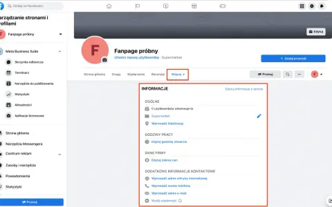 Panel zarządzania stroną na Facebooku, gdzie można edytować informacje o fanpage'u, aby dowiedzieć się, jak założyć stronę na FB.