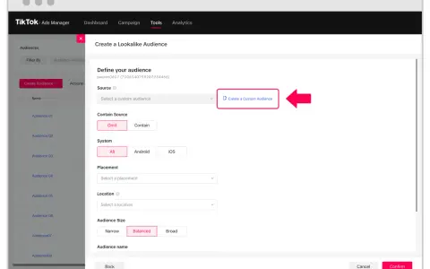 Tworzenie grupy odbiorców na TikToku: wybierz źródło, system, lokalizację i rozmiar grupy. Kliknij "Create a Custom Audience", aby rozpocząć.