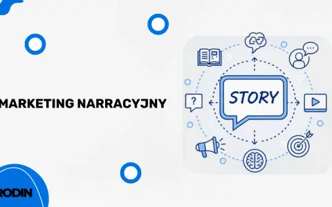 Marketing narracyjny to sztuka opowiadania historii. Grafika przedstawia schemat, gdzie "STORY" jest w centrum, otoczone ikonami książki, rozmowy, mózgu, celu i wideo.