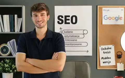 Uśmiechnięty mężczyzna stoi przed tablicą z hasłami SEO i Google. Jego **witryna internetowa** z pewnością będzie dobrze wypozycjonowana.