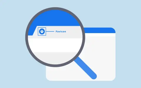 Lupa powiększa ikonkę łapki i napis "Favicon" na karcie przeglądarki.