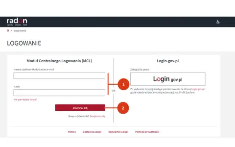 Formularz logowania do systemu. Uwierzytelnienie użytkownika następuje poprzez wpisanie nazwy i hasła lub przez portal login.gov.pl.