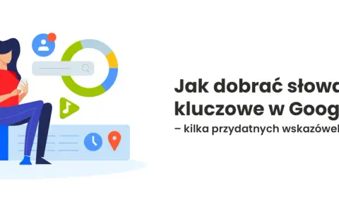 Ilustracja pokazuje kobietę analizującą dane, z ikonami wyszukiwania i wykresami. Tekst: "Jak dobrać słowa kluczowe w Google Ads".