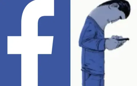 Logo FB obok postaci zgarbionej nad telefonem. Czy to już uzależnienie od Facebooka?