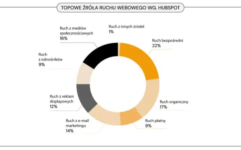 Wykres kołowy pokazuje źródła ruchu webowego. Ruch organiczny stanowi 17%, a ruch bezpośredni 22%.